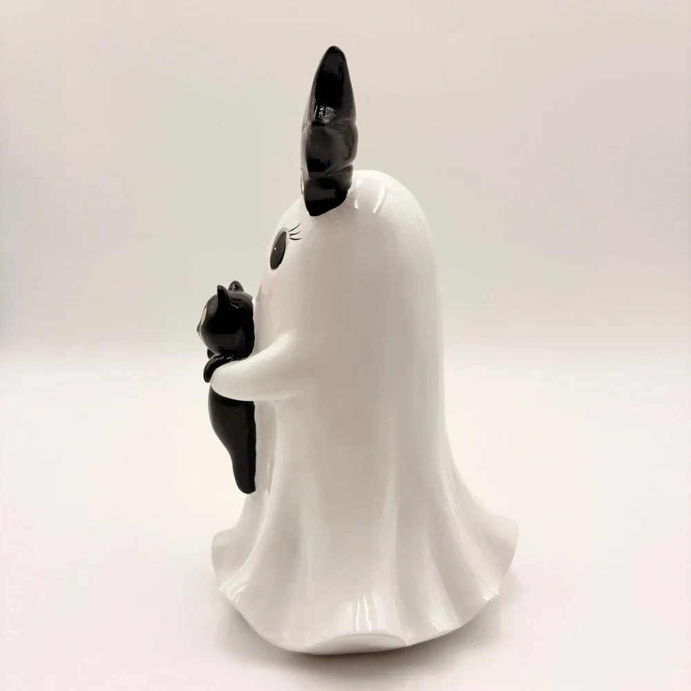 Halloween Ghost Figurine with Black Cat and Bat Wing Bow Decor